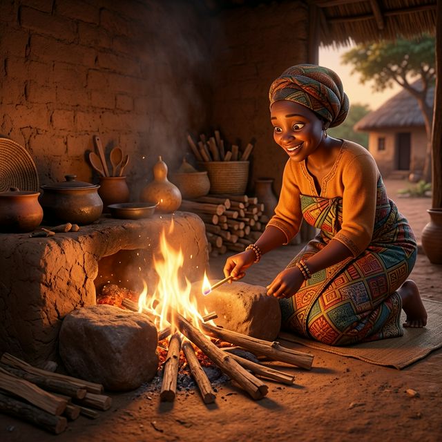 Mother lighting fire