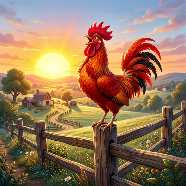 Rooster crowing at sunrise