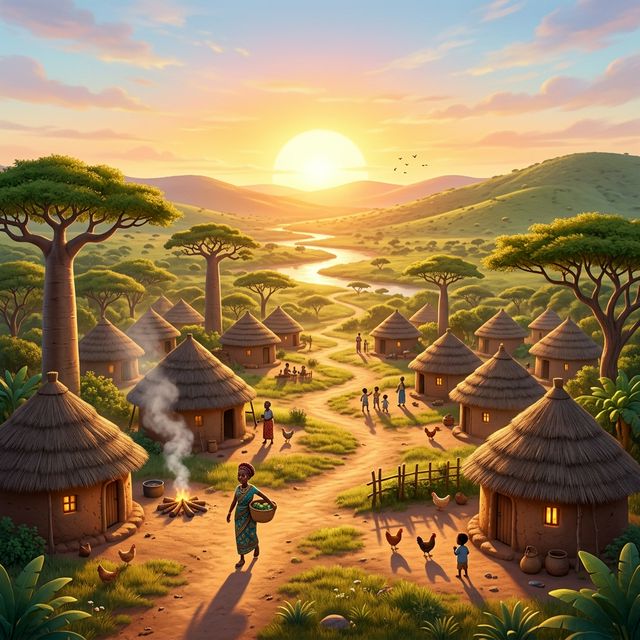 Sun rising over village